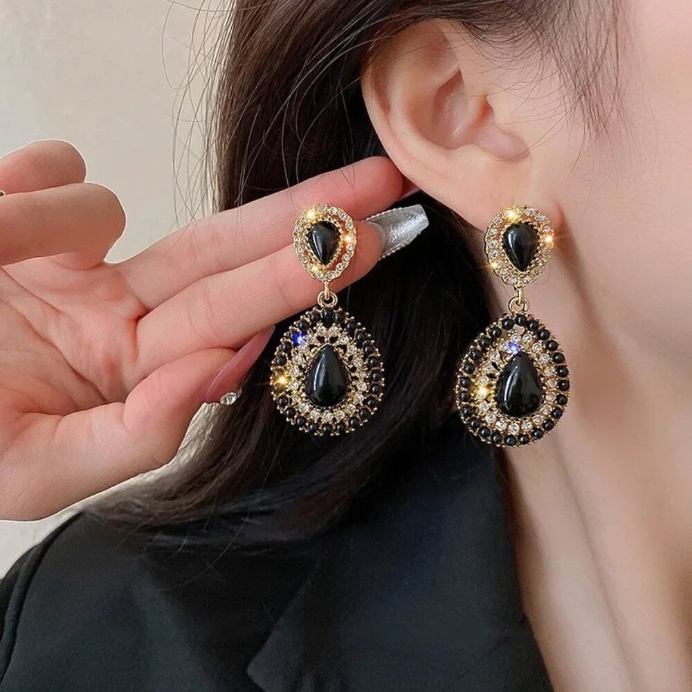 3/$35 Elegant Black Teardrop Dangle Earrings Gold Tone Crystal Statement Jewelry